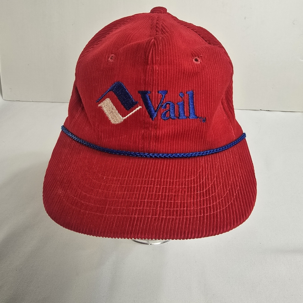 Vtg Red Corduroy Snapback Vail Colorado Hat Cap 80s 90s Ski Resort Rope